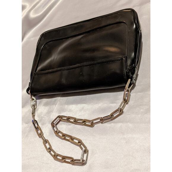 Nine West Black Vegan Patent Leather Convertible Shoulder Bag Clutch Chain Strap - Picture 5 of 15